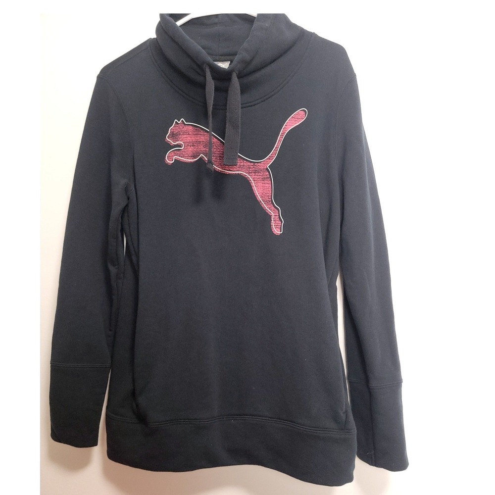 Puma Mens Black Cowl Neck Pullover Sweatshirt Pink Cat Logo 839253 Large
